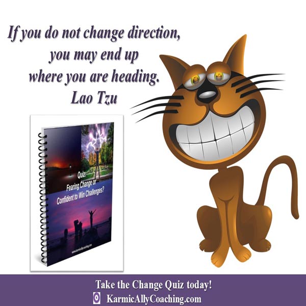 Grinning cat and Lao Tzu quote on change with quiz image