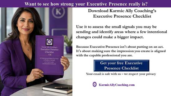 Want to see how strong your Executive Presence is? Corporate woman holding copy of Karmic Ally Coaching Executive Presence Checklist