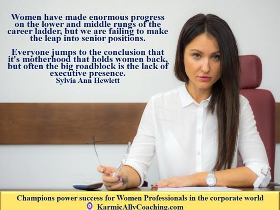 Professional woman at her desk and Sylvia Ann Hewitt quote on women's career track