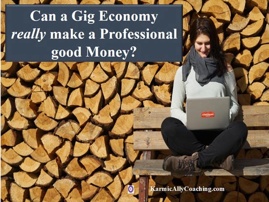 Woman working on laptop with wood logs in background