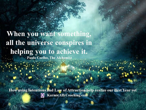 Meadow with fireflies and Paulo Coelho quote