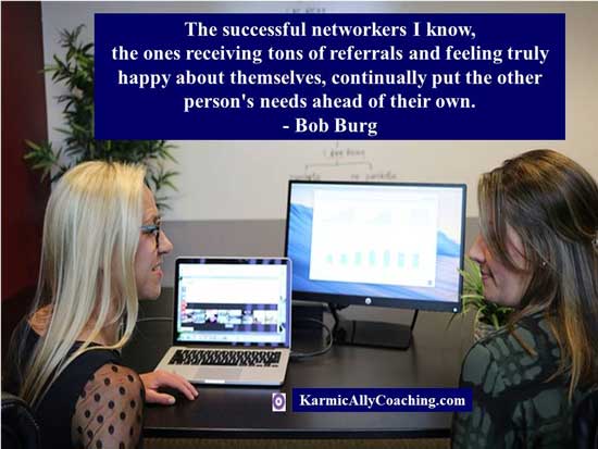 2 women professionals in front of computers networking and Bob Burg quote on successful networkers