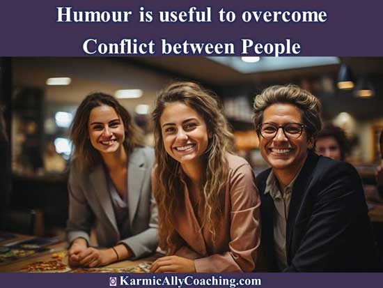 Women professional smiling as they use humour to overcome conflict.