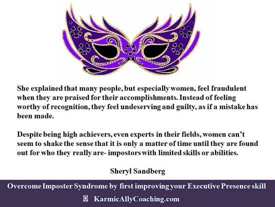 Purple carnival eye mask and Sheryl Sandberg quote on imposter syndrome in women professionals