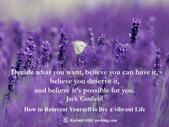 White butterfly in purple meadow and Jack Canfield quote on reinventing yourself