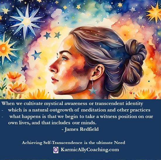 James Redfield quote on transcendence with woman staring at universe. AI generated image from Pixabay