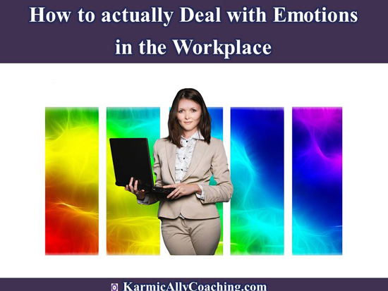 Woman professional with laptop with multi-colour paintings to match emotions 