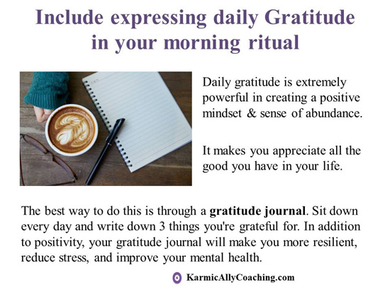 Notebook, pen and cup of coffee with tips to include daily gratitude to morning ritual