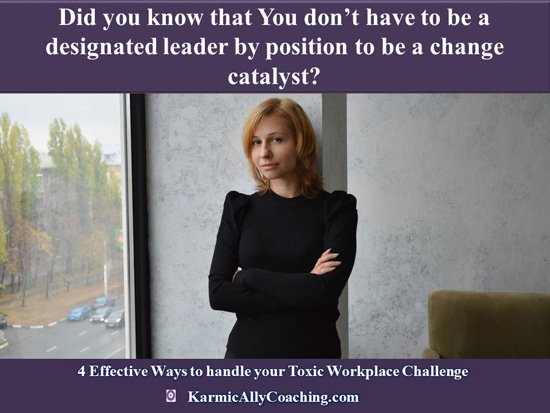 Professional woman at office window and question on being a change catalyst without being a leader