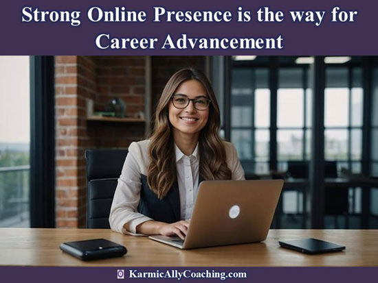 Professional woman with laptop smiling because she has a strong online presence