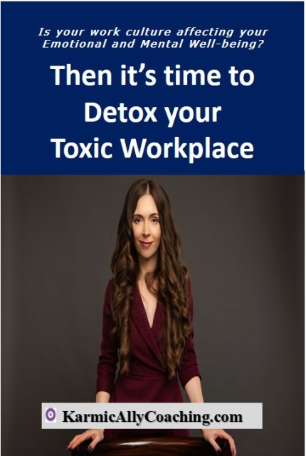 Smiling woman behind chair and detoxed toxic workplace