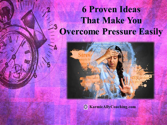 Woman holding head and refusing more pressure with alarm clock image on side
