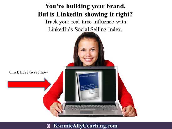 How to monitor your brand on LinkedIn with Social Selling Index Smiling young woman showing her laptop with monitor your brand on LinkedIn with Social Selling Index ebook