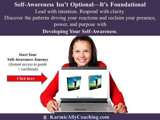 Start your self-awareness journey and enhance your emotional intelligence - click here Smiling woman holding laptop with Developing Your Self-Awareness digital product.