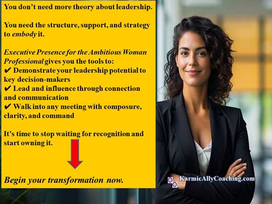 invitation to enroll in Executive Presence for the Ambitious Woman Professional Course Smiling woman professional outside office door and invitation to enroll in Executive Presence for the Ambitious Woman Professional Course