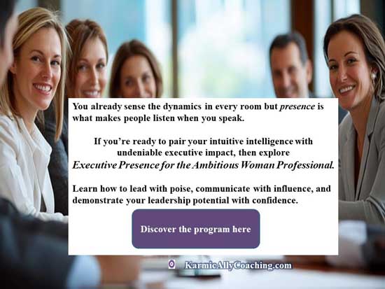 enroll in the Executive Presence for the Ambitious Woman Professional Course Professionals in a meeting and invitation to enroll in the Executive Presence for the Ambitious Woman Professional Course