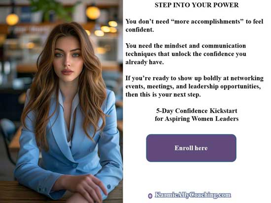 Woman professional wearing sky blue office suit and invitation to enroll in 5-day confidence kickstart for aspiring women leaders course