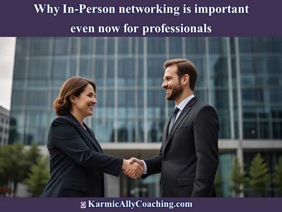 Male and female professionals shaking hands outside office building while doing in-person networking