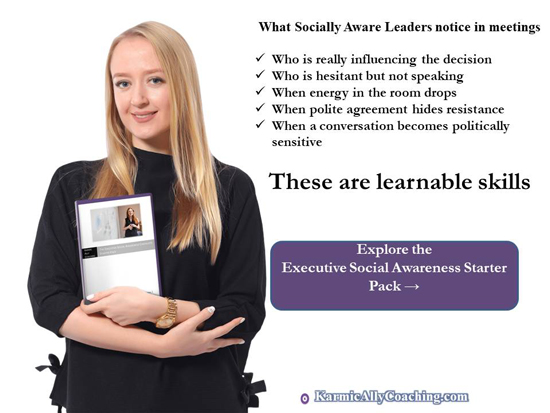 Explore the Executive Social Awareness Starter Pack here Smiling woman professional holding copy of The Executive Social Awareness Starter Pack