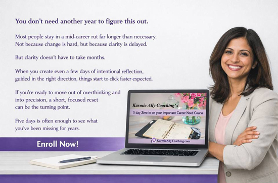 5 days to see what you've been missing for your career needs and what to do next Smiling woman professional with career need course on laptop in front of her