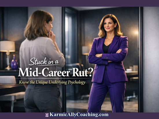 Woman professional looking into mirror image of an empowered confident version of herself having resolved her mid-career rut