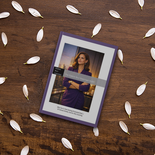 Gif of The Career Self-Sabotage Audit on a brown desk with white flower petals