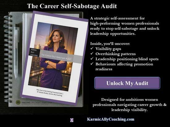 Unlock the strategic self-audit to uncover your blind spots in sabotaging your career The Career Self-Sabotage Audit on top of a folder and invitation to unlock the free audit