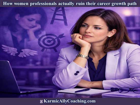 Professional woman reflecting on hidden self-sabotage patterns affecting career growth AI generated image