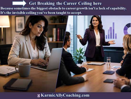 Split image of woman working on laptop and another leading a meeting because she has broken the career ceiling