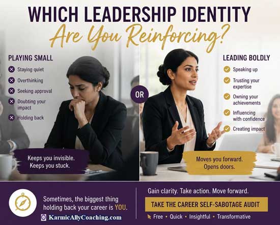 Image of 2 women, one is pensive and the other confident with a chart of reinforcing type leadership identity 