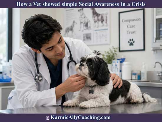 AI generated image of a young vet checking a Shih Tzu looking up at him