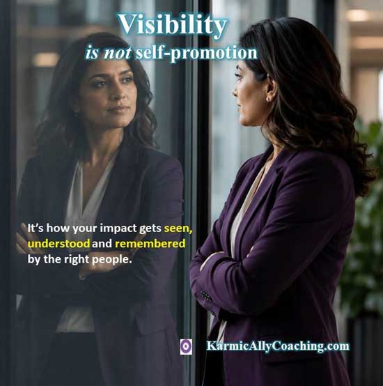 Woman looking at her reflection in glass door and understanding that visibility is not self-promotion
