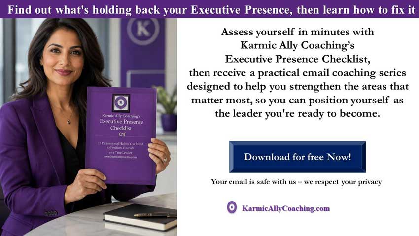 Corporate woman at desk holding a copy of Karmic Ally Coaching's Executive Presence Checklist