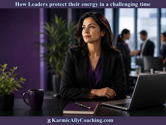 AI generated image of a woman leader sitting at her desk thoughtfully considering protecting her energy when facing a challenging situation