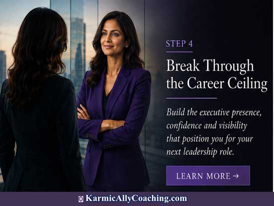 Woman professional smiling at her reflection in corporate office window. She has mastered the habits that demonstrate executive presence. AI generated 