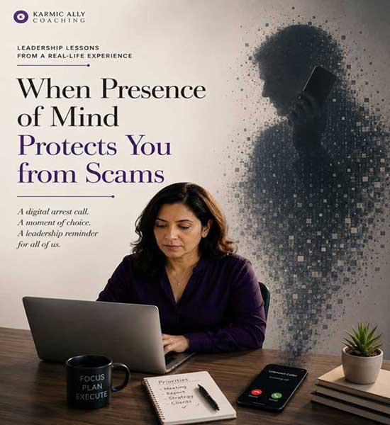 Woman professional focused on her work with the shadow of a digital scammer behind her