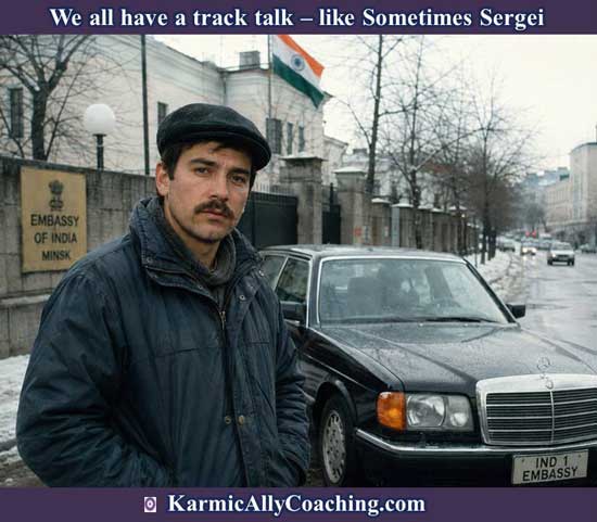 Leadership lesson about track talk. AI generated image of driver in front of Indian Embassy with a mercedes car