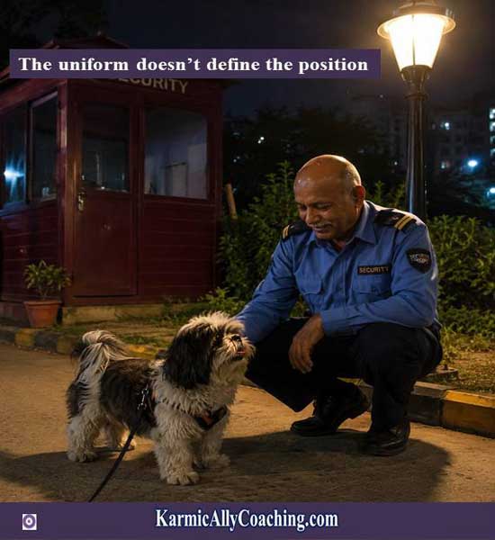Security guard and Coco Junior. AI generated image using Coco Junior's photo,