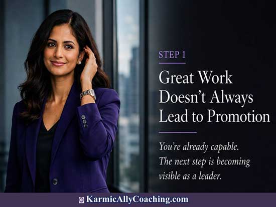 Woman professional standing near window smiling as she thinks of Step 1 in breaking the career ceiling. AI generated image.