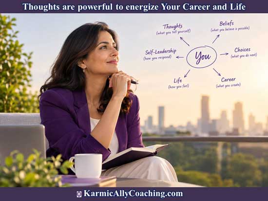 Woman sitting with journal in her balcony looking at mind map of her thoughts with corporate buildings in the background. AI generated image.